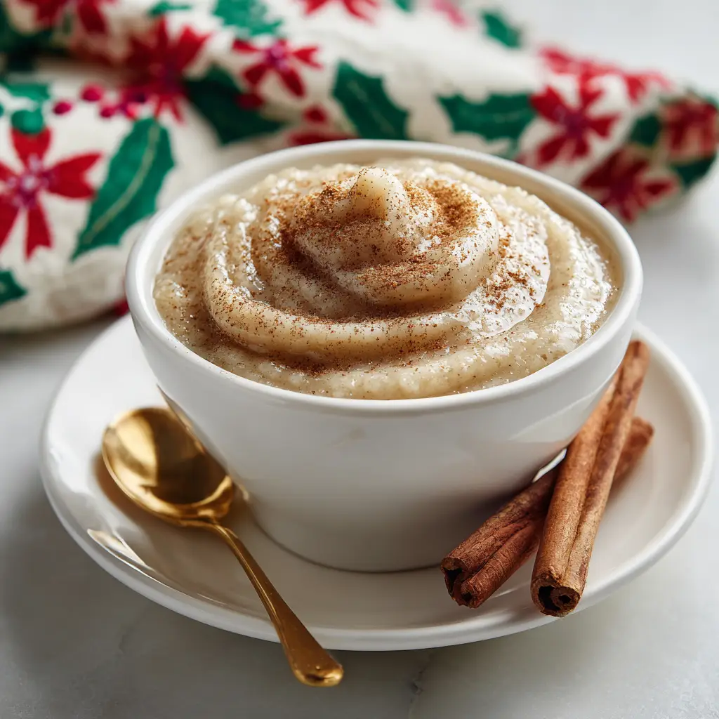 A jar of holiday eggnog jam being poured from a saucepan, showcasing its smooth and luscious texture before canning.