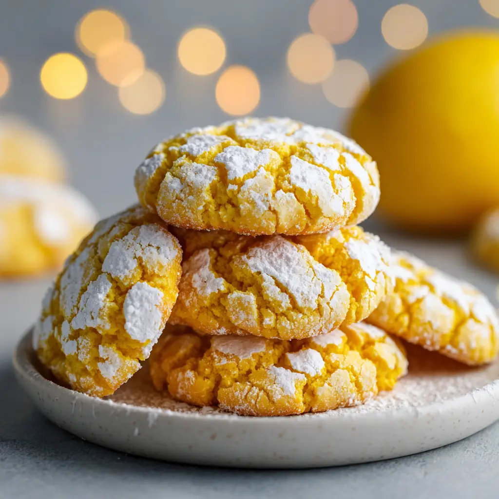 Lemon gooey butter cookies being prepared before baking, rolled in powdered sugar.