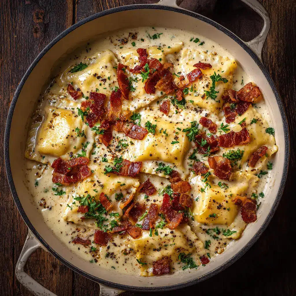 A skillet showing ravioli being tossed in the creamy carbonara sauce with pancetta, demonstrating a key step in the recipe.