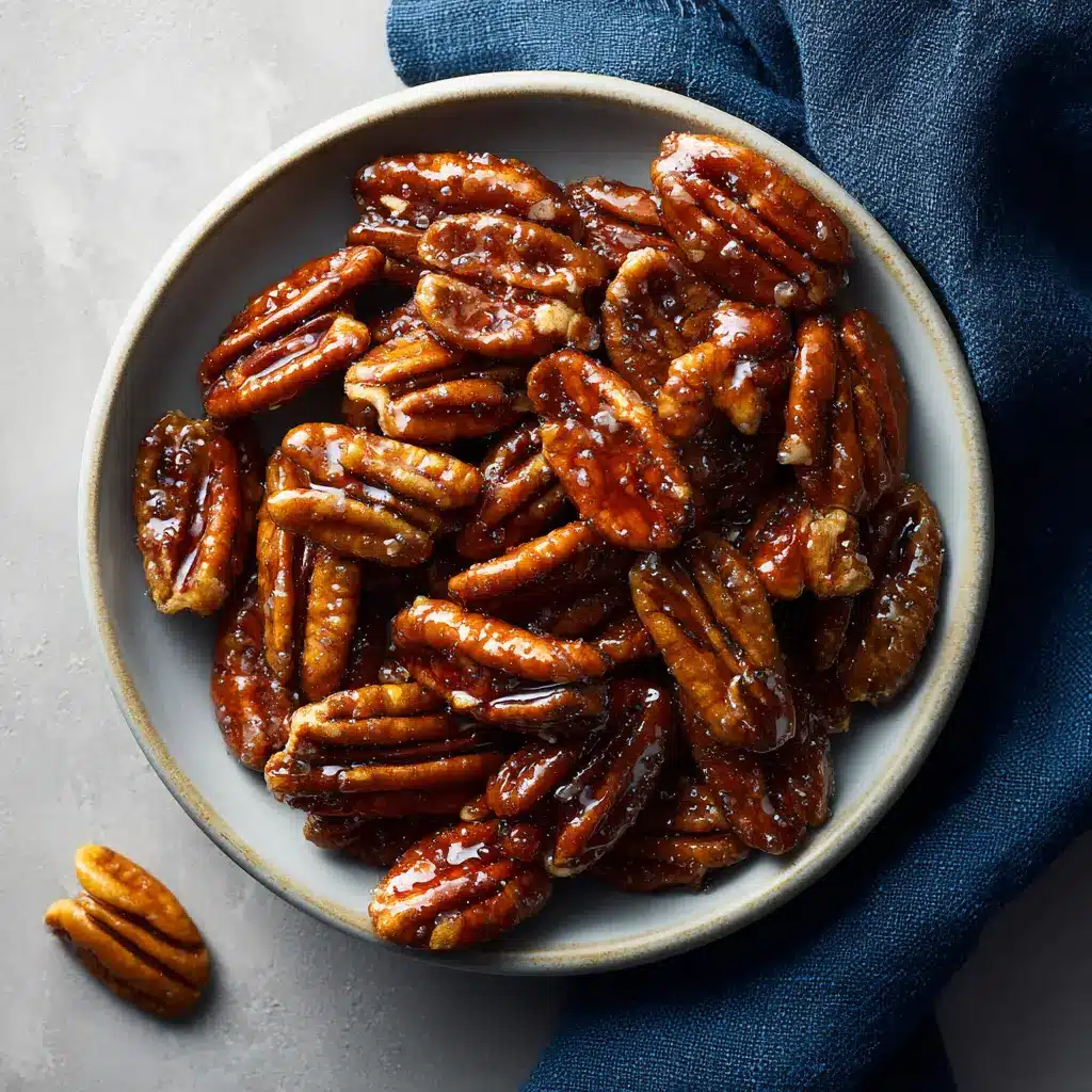 A close-up overhead shot of glossy maple candied pecans spread out on a sheet of white parchment paper to cool and harden.