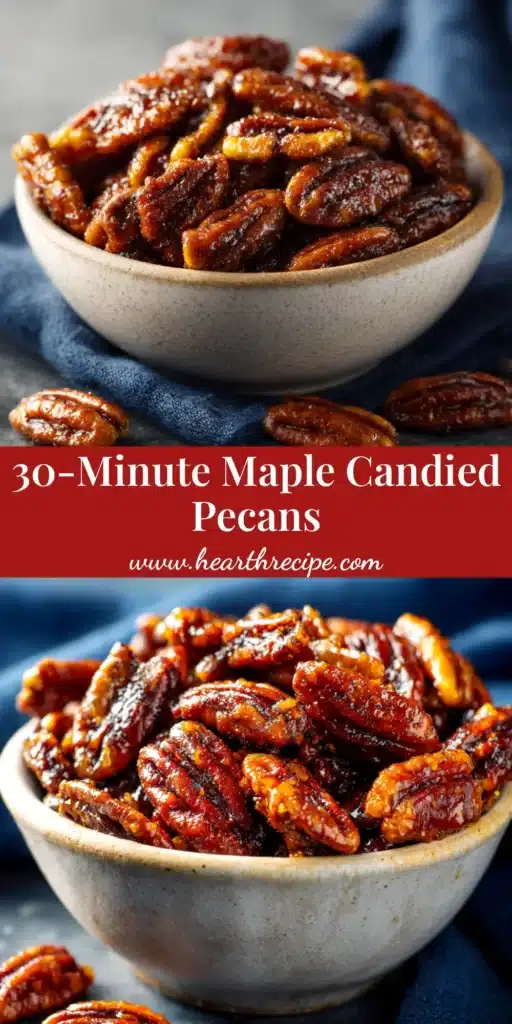 A beautiful overhead shot of crispy Maple Candied Pecans scattered on a piece of parchment paper, highlighting their glossy, sweet glaze.