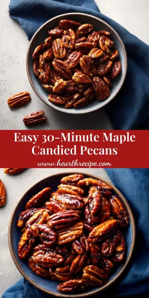 Maple Candied Pecans: The Easiest 10-Minute Recipe 3 Maple Candied Pecans! An easy 10-minute recipe for the perfect sweet and crunchy snack. These maple glazed nuts are perfect for salads, desserts, and holiday gifts. #maplepecans #candiedpecans #easyrecipe