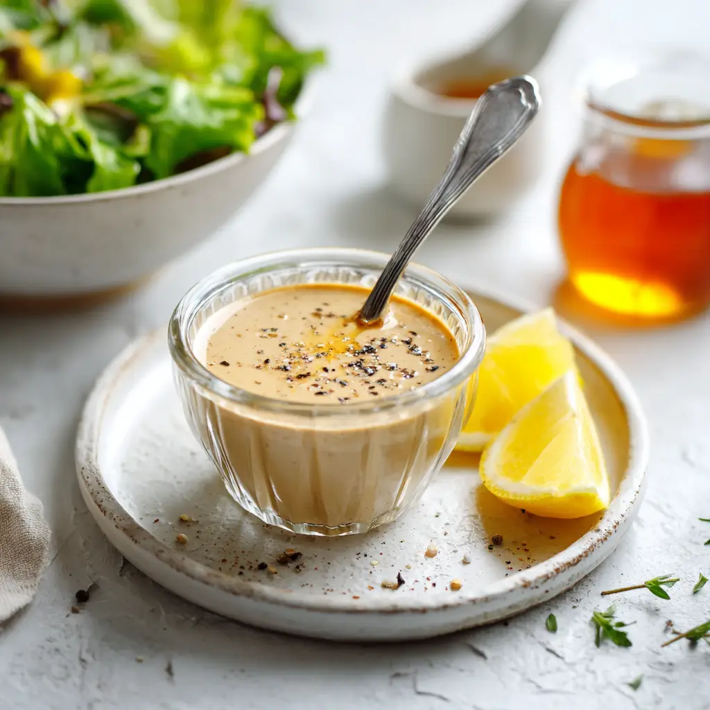 A glass jar filled with Maple Dijon Tahini Dressing, placed next to a vibrant salad, ready to be served.