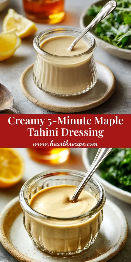 Creamy Maple Dijon Tahini Dressing in a glass jar with a small whisk. The perfect versatile and healthy homemade salad dressing.