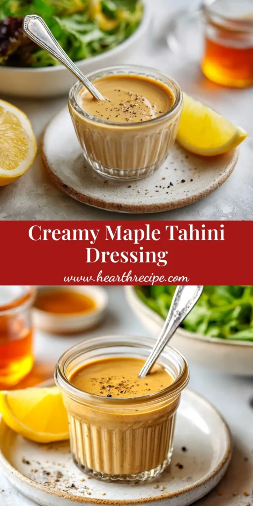 A jar of creamy Maple Dijon Tahini Dressing with a whisk, surrounded by ingredients like tahini, lemon, and maple syrup. The image has text overlay with the recipe title.