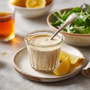 Ingredients for homemade tahini dressing, including tahini, maple syrup, and dijon mustard, arranged on a counter.