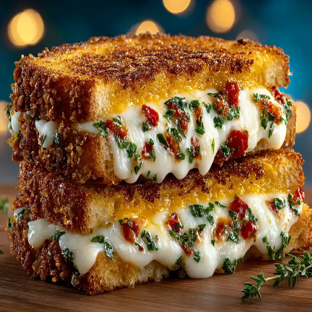 Two halves of a classic grilled cheese sandwich stacked, with melted cheese dripping down the sides. A simple and delicious lunch recipe.