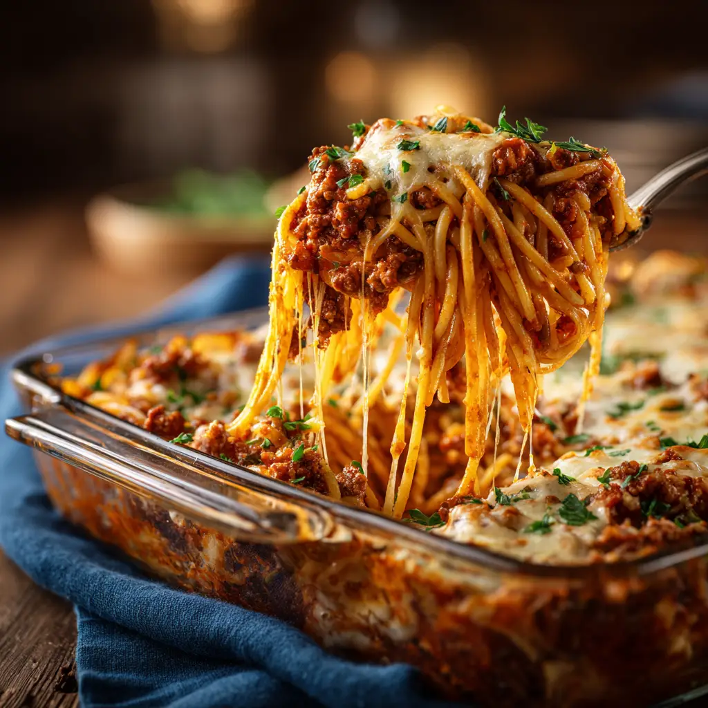 A close-up view of the Million Dollar Spaghetti Casserole, showing the bubbly cheese and savory meat sauce.