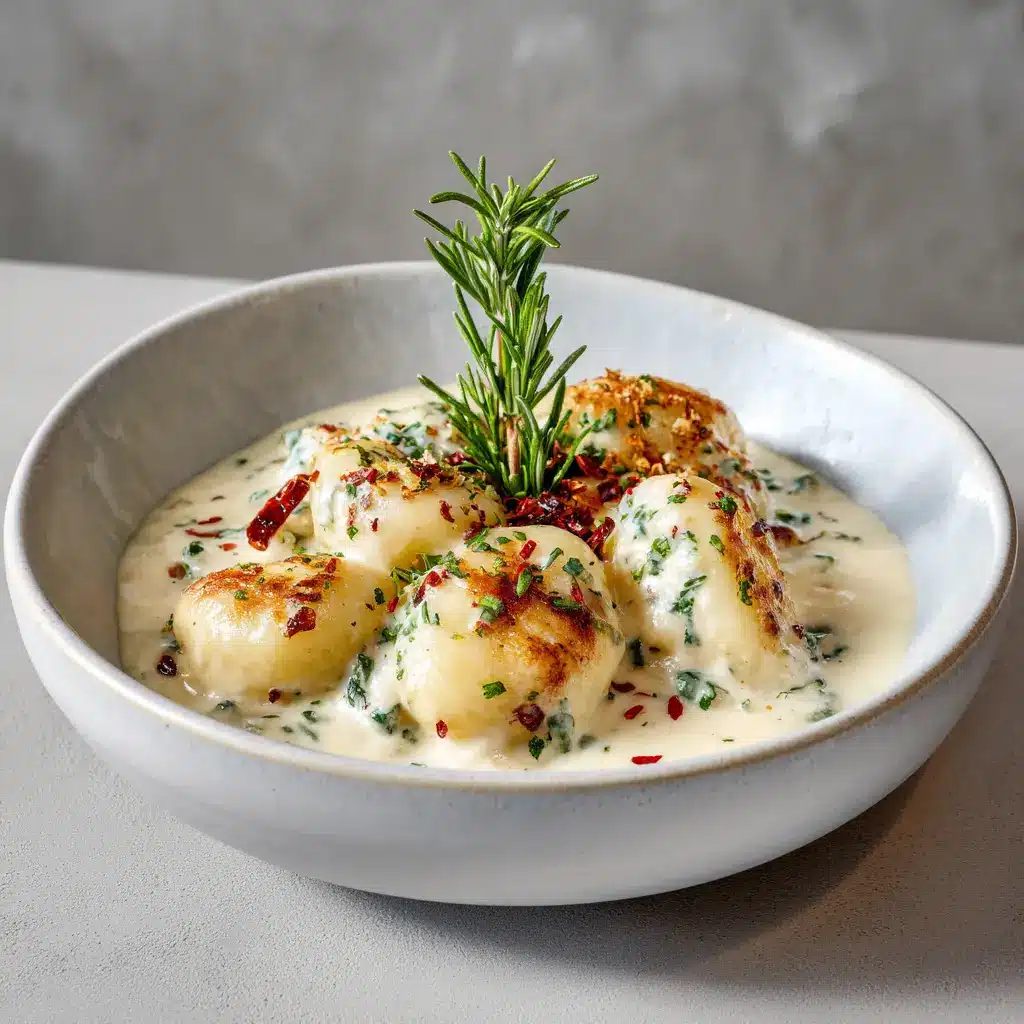 A spoonful of the finished Millionaire Gnocchi, showing the creamy texture and crispy bits of pancetta.