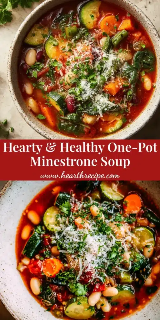 A large white bowl filled with hearty Minestrone Soup Recipe, showing vegetables, beans, and pasta in a rich red broth, ready to be shared on Pinterest.
