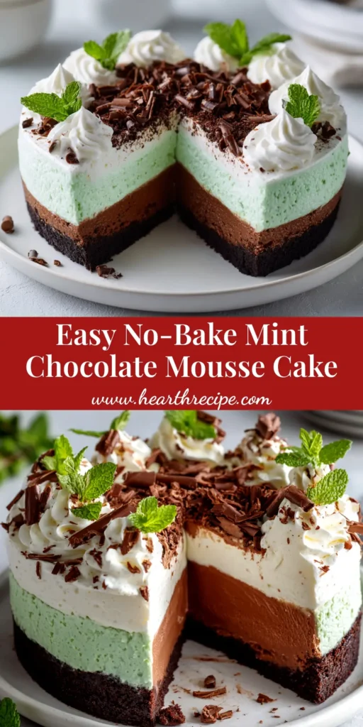 Mint Chocolate Mousse Cake (The Ultimate Rich & Creamy Recipe) 4 A stunning slice of Mint Chocolate Mousse Cake on a plate, showcasing the distinct layers of Oreo crust, chocolate mousse, mint mousse, and ganache topping.