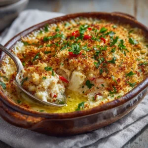 A close-up high-angle shot of creamy Crab Imperial being mixed in a glass bowl. The image showcases the large lumps of fresh crab meat being gently folded into the imperial sauce.