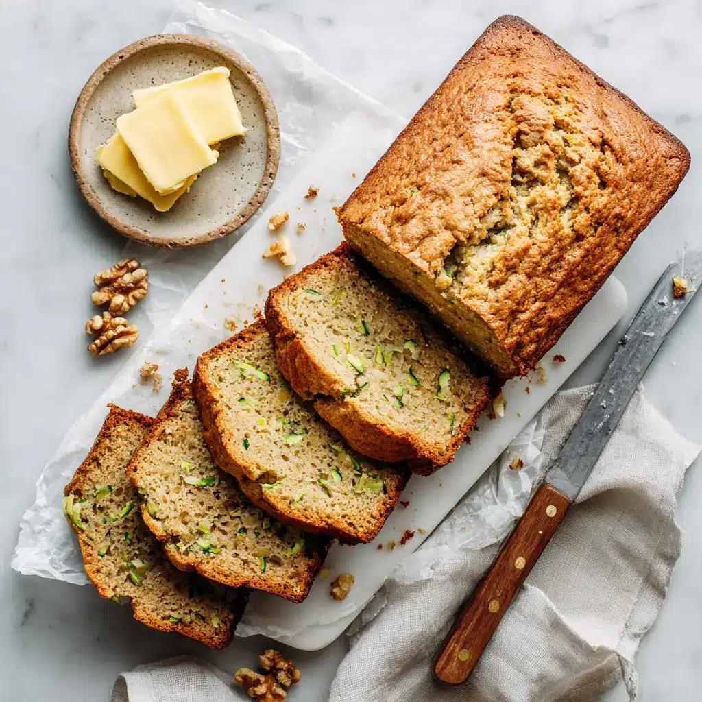 An overhead shot of a freshly baked loaf of healthy zucchini bread, with one slice cut to show the moist and tender crumb.