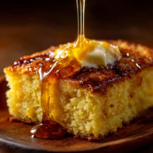 An extreme close-up of a thick slice of moist honey cornbread, highlighting its golden, buttery crumb.