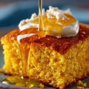 An extreme close-up shot of a thick slice of moist cornbread, highlighting its tender and fluffy crumb texture.