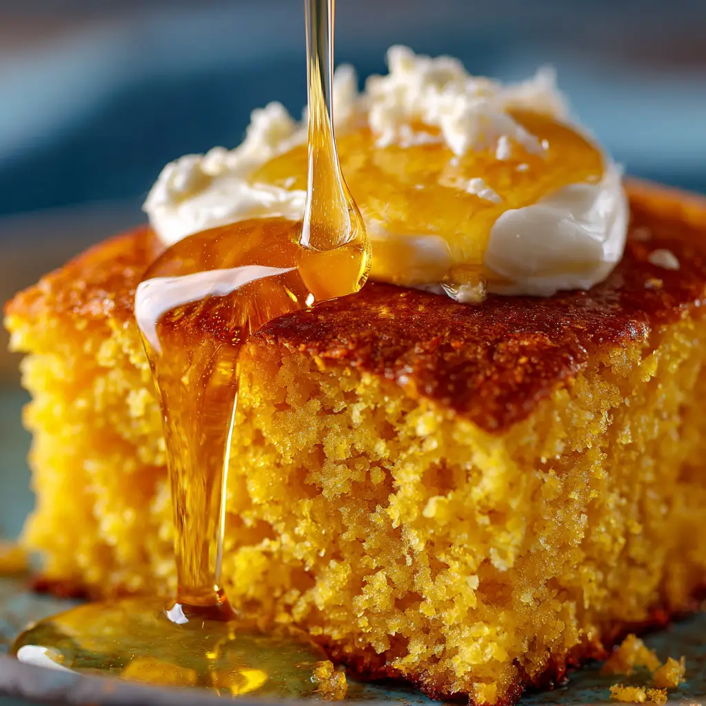 An extreme close-up shot of a thick slice of moist cornbread, highlighting its tender and fluffy crumb texture.