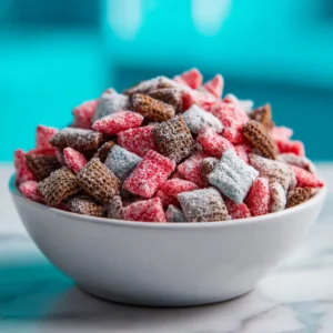 A close-up high-angle shot of the layered Neapolitan muddy buddies, highlighting the textures of the powdered sugar coatings.