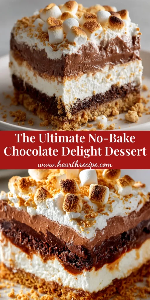 A beautiful slice of layered no-bake chocolate dessert on a white plate, showcasing the crunchy cookie crust, creamy chocolate pudding, and fluffy whipped topping.