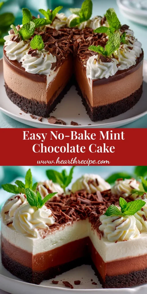 A beautiful slice of no-bake mint chocolate mousse cake on a white plate, showcasing the three distinct layers: a dark Oreo crust, a light green mint mousse, and a shiny chocolate ganache topping.