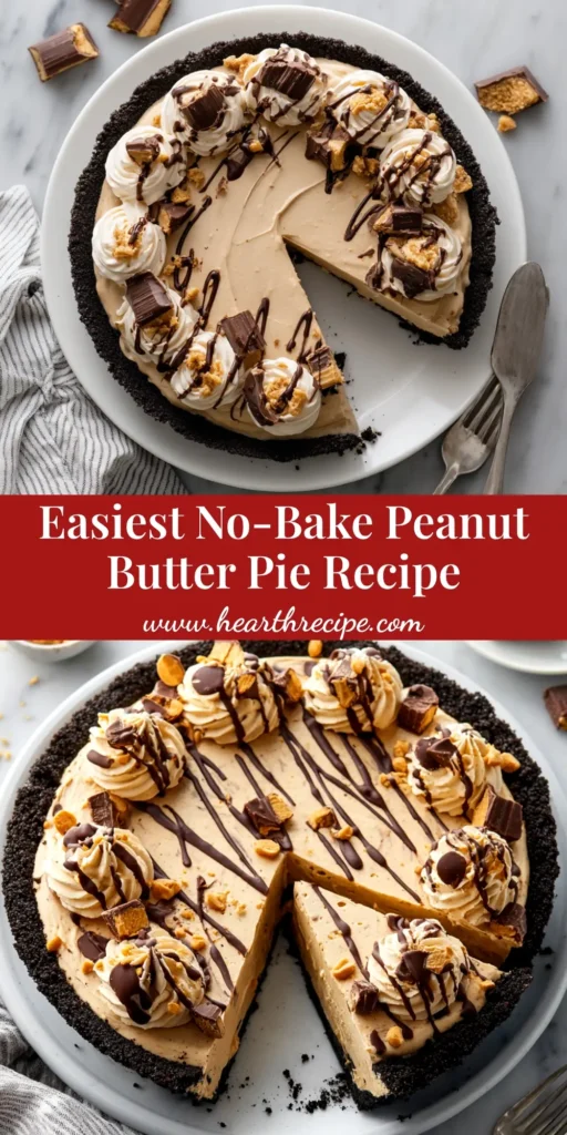No Bake Peanut Butter Pie (The Easiest, Creamiest Recipe!) 4 A slice of creamy no bake peanut butter pie on a white plate, topped with whipped cream and chocolate shavings. The full pie is visible in the background.