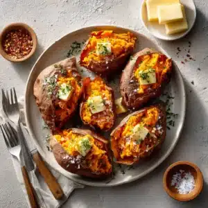 A batch of oven-baked sweet potatoes resting on a baking sheet, with crispy, seasoned skin ready to be served. Illustrates how to bake sweet potatoes.