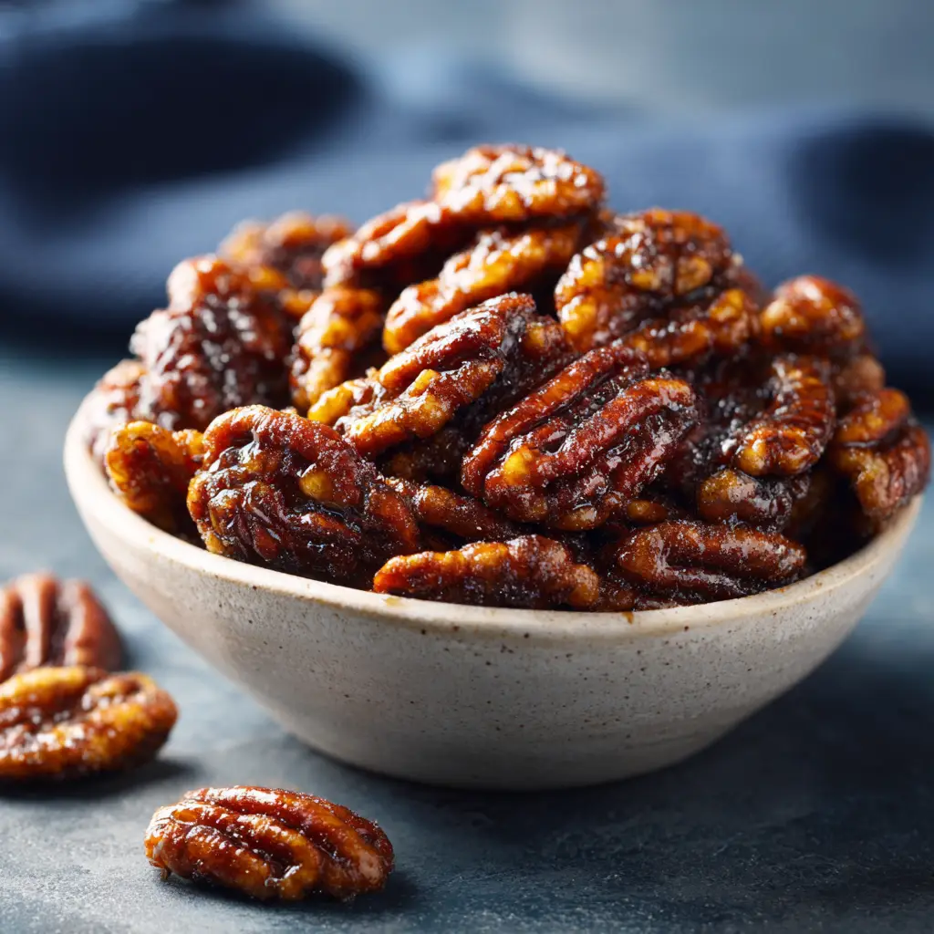 A small white bowl filled with finished oven roasted candied pecans, ready for serving on a holiday platter.