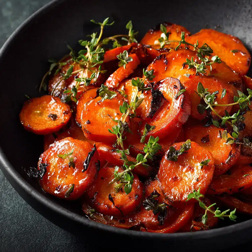 A close-up of finished honey roasted carrots on a baking sheet, fresh out of the oven, garnished with fresh herbs.