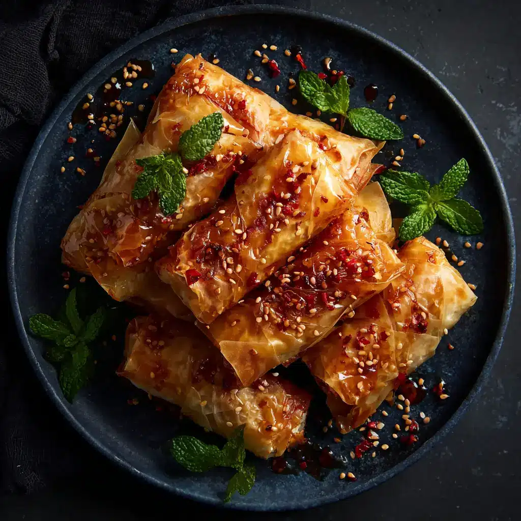 An overhead shot of several golden-baked phyllo feta rolls scattered on a piece of parchment paper, ready to be served.