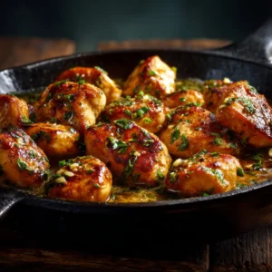 A close-up shot of golden-brown pan-seared chicken bites in a cast iron skillet before the cowboy butter sauce is added.