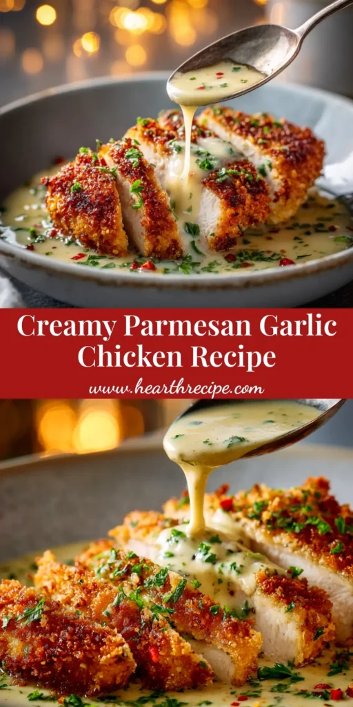 A golden-brown, crispy Parmesan crusted chicken breast sliced to show a juicy interior, served on a white plate with a lemon wedge and fresh parsley.