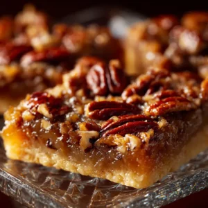 An extreme close-up of a single pecan pie bar, showing the rich, caramel filling and a crisp, buttery shortbread crust.