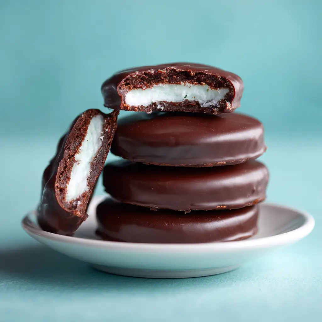 A detailed view of a homemade peppermint patty split open, revealing the smooth and creamy white peppermint filling inside the crisp chocolate shell.