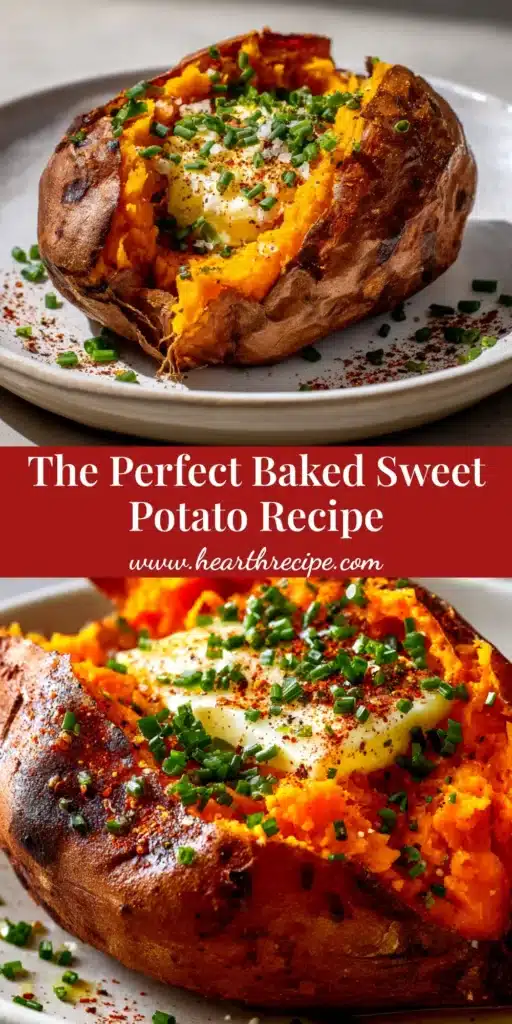 Baked Sweet Potato: The Ultimate Guide to Perfect Results 3 A perfectly baked sweet potato split open with a pat of melting butter, salt, and pepper, ready to be eaten. The skin is crispy and the inside is fluffy.