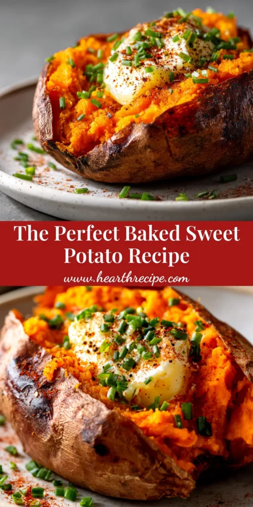 A perfectly baked sweet potato split open with a pat of melting butter, salt, and pepper, showcasing a fluffy interior and crispy skin. The title 'Perfect Baked Sweet Potato' is overlaid.