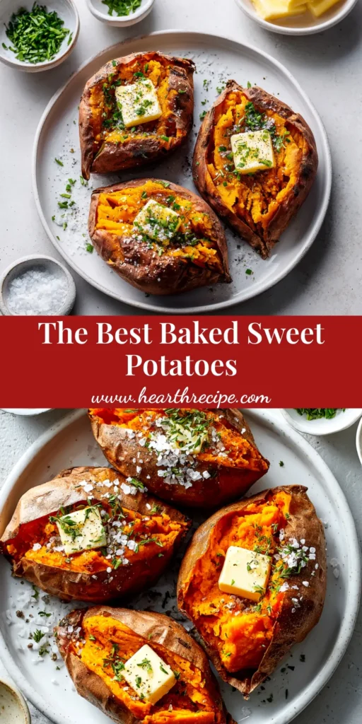 A close-up of four perfectly baked sweet potatoes sliced open with melted butter and fresh herbs. The ultimate guide to making flawless baked sweet potatoes.