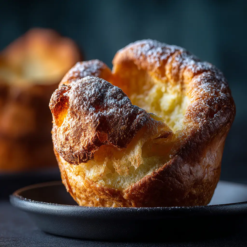 An extreme close-up of a single perfect popover, showcasing its golden, crispy texture and puffy dome.