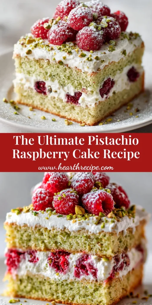 Pistachio Raspberry Cake: The Perfect Balance of Nutty & Tart 4 A beautiful slice of Pistachio Raspberry Cake on a plate, showcasing layers of green pistachio sponge, red raspberry filling, and creamy pistachio buttercream, garnished with fresh raspberries.