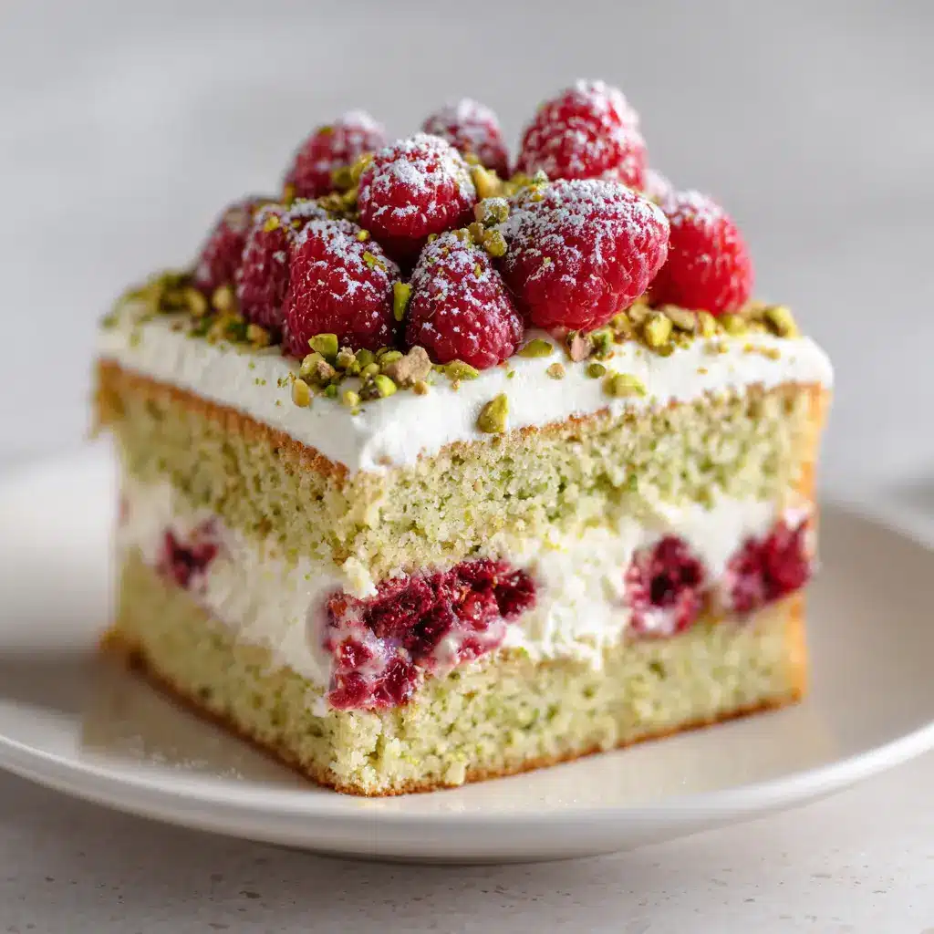 Pistachio Raspberry Cake: The Perfect Balance of Nutty & Tart 2 The full Pistachio Raspberry Cake on a cake stand, decorated with creamy pistachio frosting, fresh raspberries, and chopped pistachios.