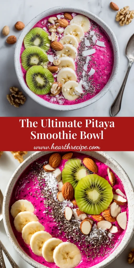 A vibrant pink Pitaya Smoothie Bowl in a white bowl, topped with granola, fresh berries, and coconut flakes. The perfect healthy breakfast idea.
