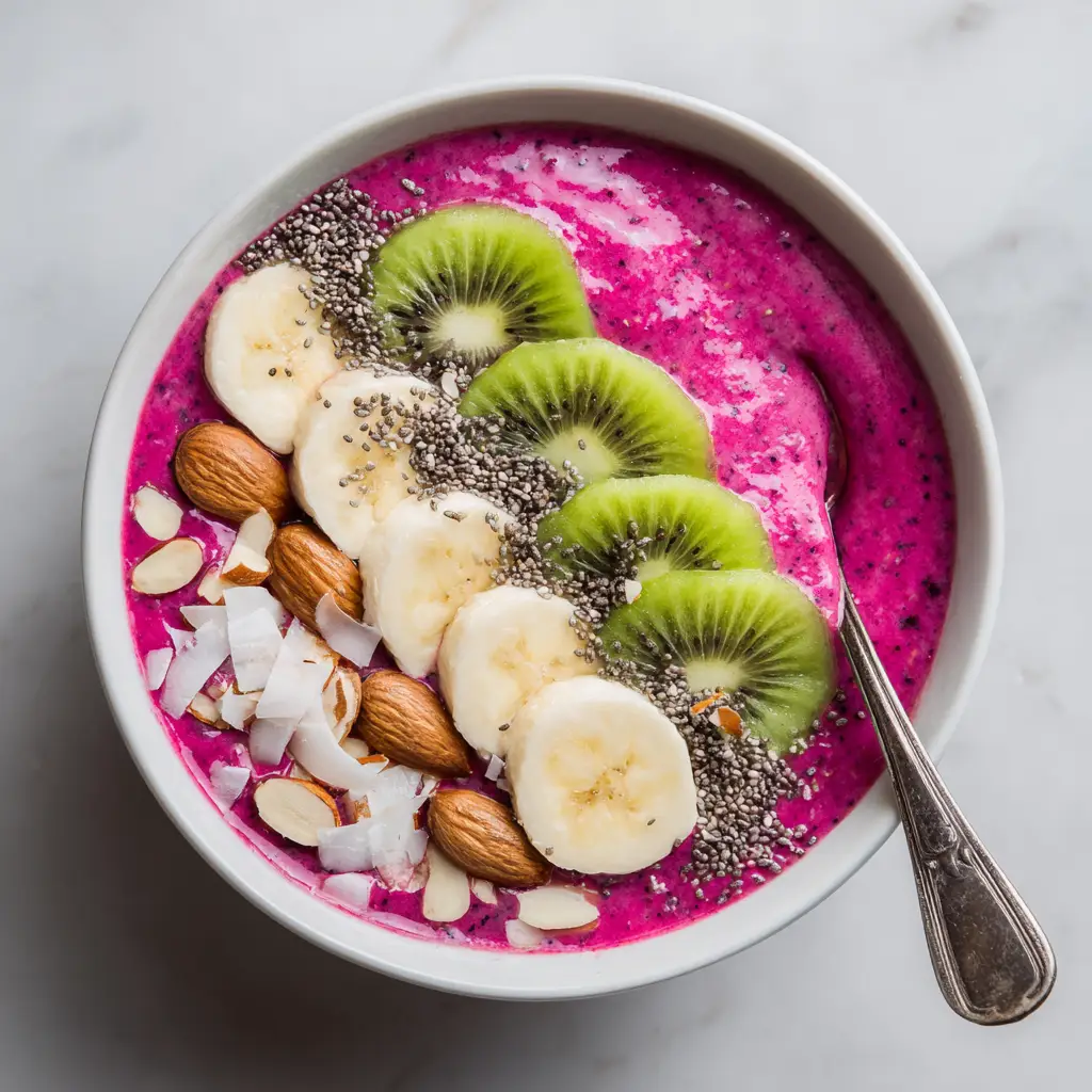Pitaya Smoothie Bowl (Easy & Vibrant Recipe) 1 A pitaya smoothie bowl being assembled with various toppings like fresh berries, granola, and chia seeds.