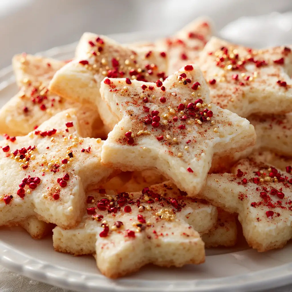 A stack of freshly baked soft eggnog cookies before being iced, showing their golden edges and soft centers.