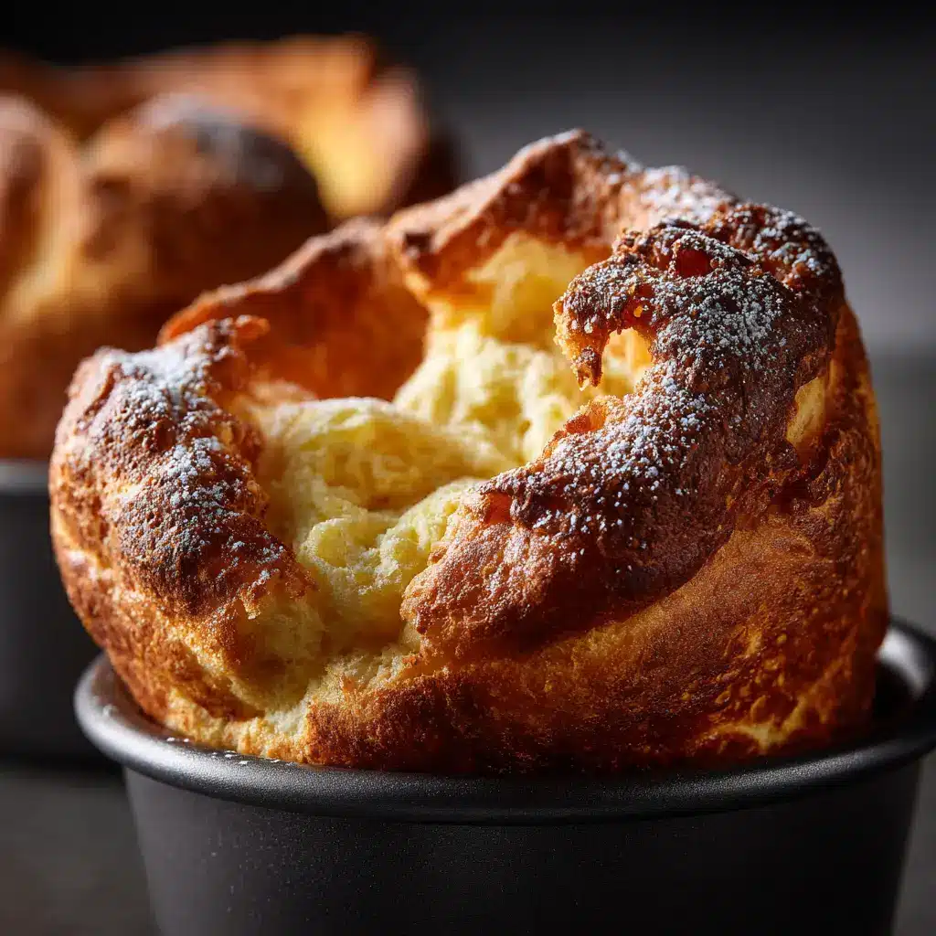 A batch of six freshly baked popovers in a dark muffin tin, showing their impressive height and golden color.
