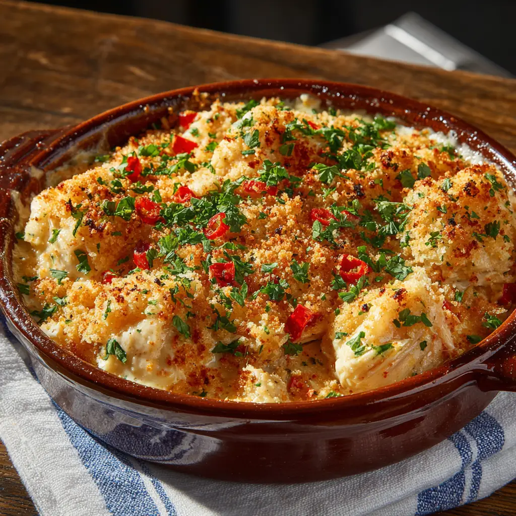 The creamy crab imperial mixture being gently folded in a glass bowl before baking, showcasing the large pieces of lump crab meat.
