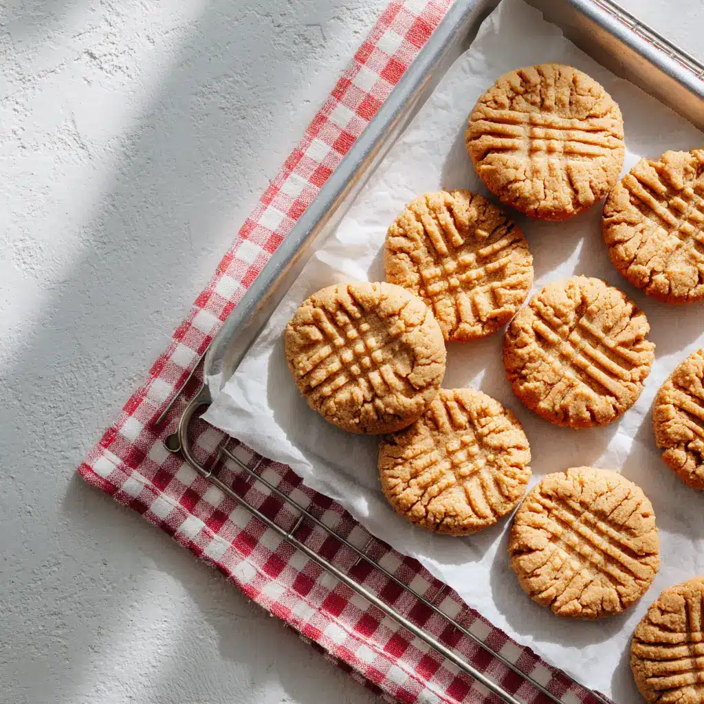 The process of making soft peanut butter cookies, with rolled dough balls on a baking sheet before being pressed.