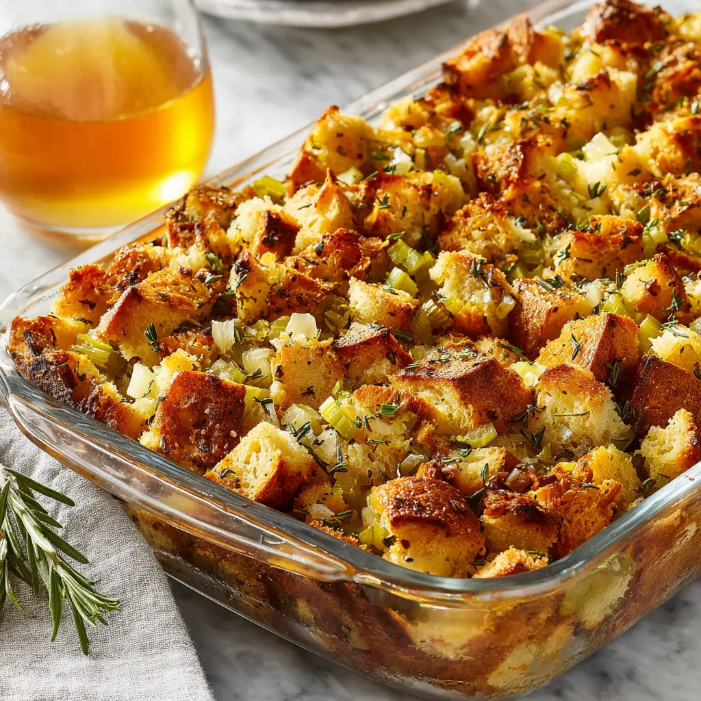 The process of mixing ingredients for the Thanksgiving dressing in a large bowl before baking.