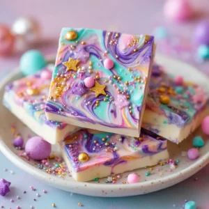 A flat lay image showing pieces of rainbow yogurt bark arranged artfully on a pastel background, highlighting its colorful swirls.