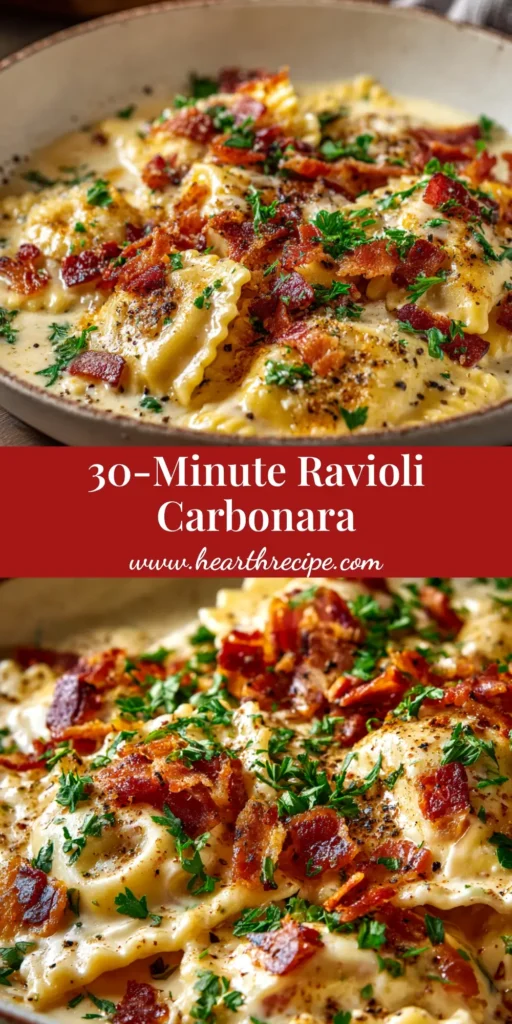 A stunning bowl of creamy Ravioli Carbonara, garnished with fresh parsley and black pepper. The pin text reads: '20-Minute Ravioli Carbonara - The Easiest Weeknight Dinner Ever!'