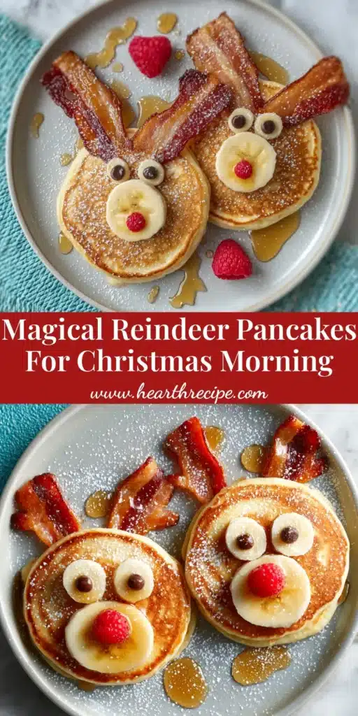 A fun and festive plate of Reindeer Pancakes, decorated with bacon antlers, chocolate chip eyes, and a bright red raspberry nose, perfect for a Christmas morning breakfast.