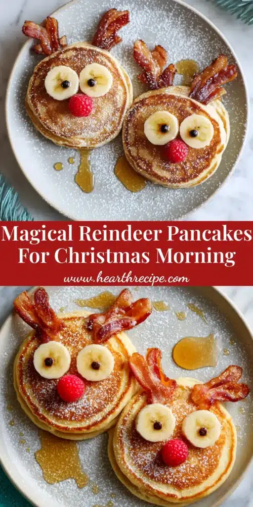 Reindeer Pancakes: The Ultimate Guide to a Fun Christmas Breakfast 3 A fun and festive plate of Reindeer Pancakes, decorated with crispy bacon antlers, chocolate chip eyes, and a bright red raspberry nose, ready for a Christmas morning breakfast.