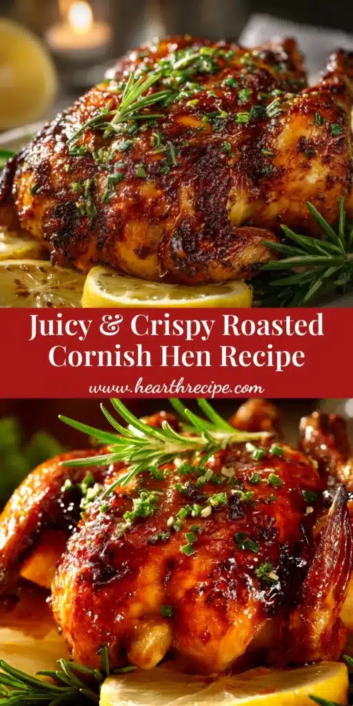 An overhead shot of a perfectly golden-brown roasted Cornish hen recipe, garnished with fresh herbs and lemon slices on a rustic platter. The ultimate guide to a juicy and flavorful meal.